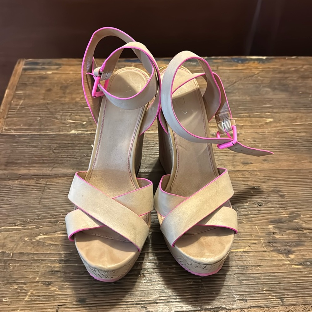 Tan and hot pink Aldo cork wedge